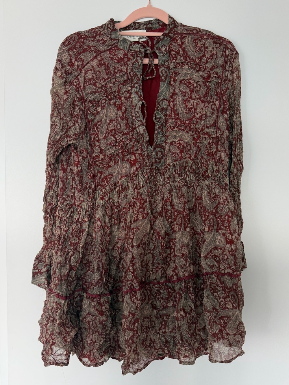 Berenice - Bohemian Paisley Tiered Mini Dress in Burgundy and Taupe